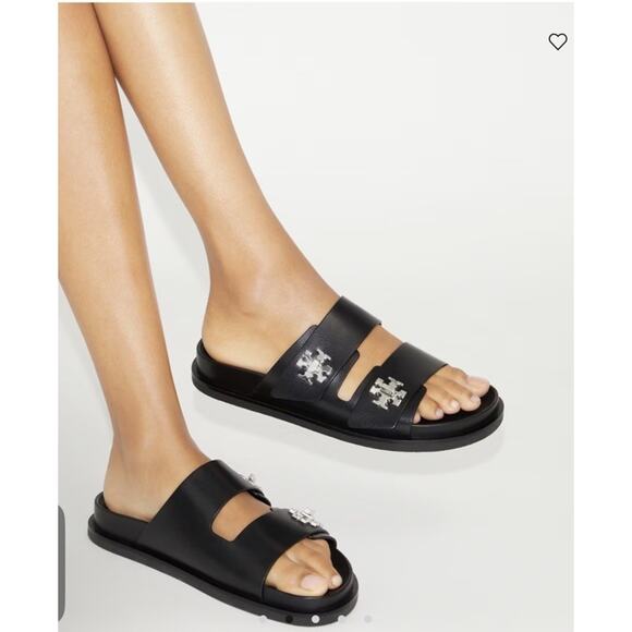 Tory Burch TURNLOCK SPORT SLIDE Black Leather Sz 9.5 Silver Logo Hardware - Picture 1 of 14